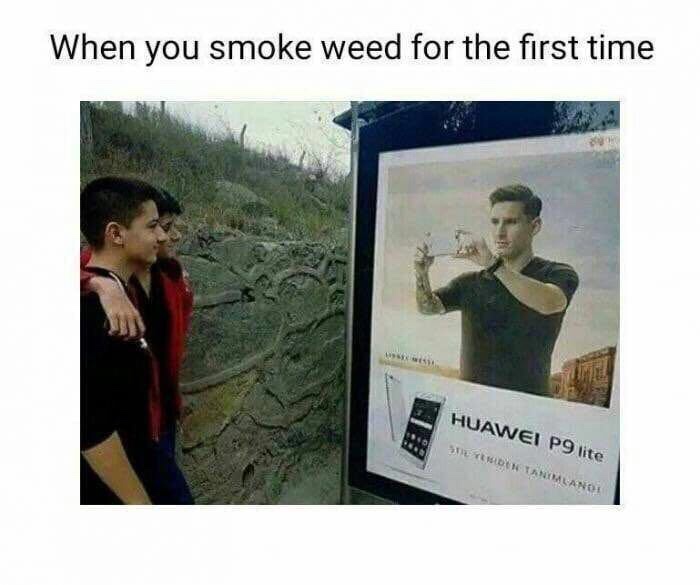 Dank meme about when you smoke weed the first time of people posing for ad of a man holding a camera