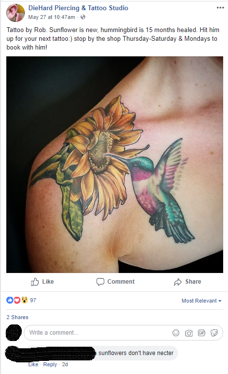 sunflower and hummingbird tattoo cover up - Die Hard Piercing & Tattoo Studio May 27 at am Tattoo by Rob. Sunflower is new, hummingbird is 15 months healed. Hit him up for your next tattoo stop by the shop ThursdaySaturday & Mondays to book with him! Comm