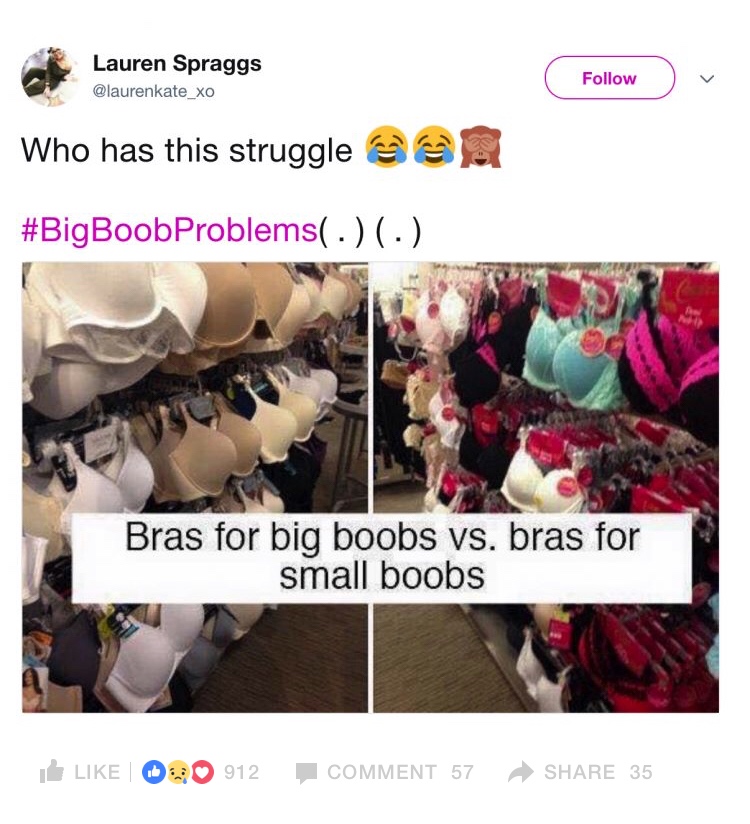struggle of having small boobs - Lauren Spraggs Who has this struggle , . . Bras for big boobs vs. bras for small boobs B 020 912 Comment 57 35