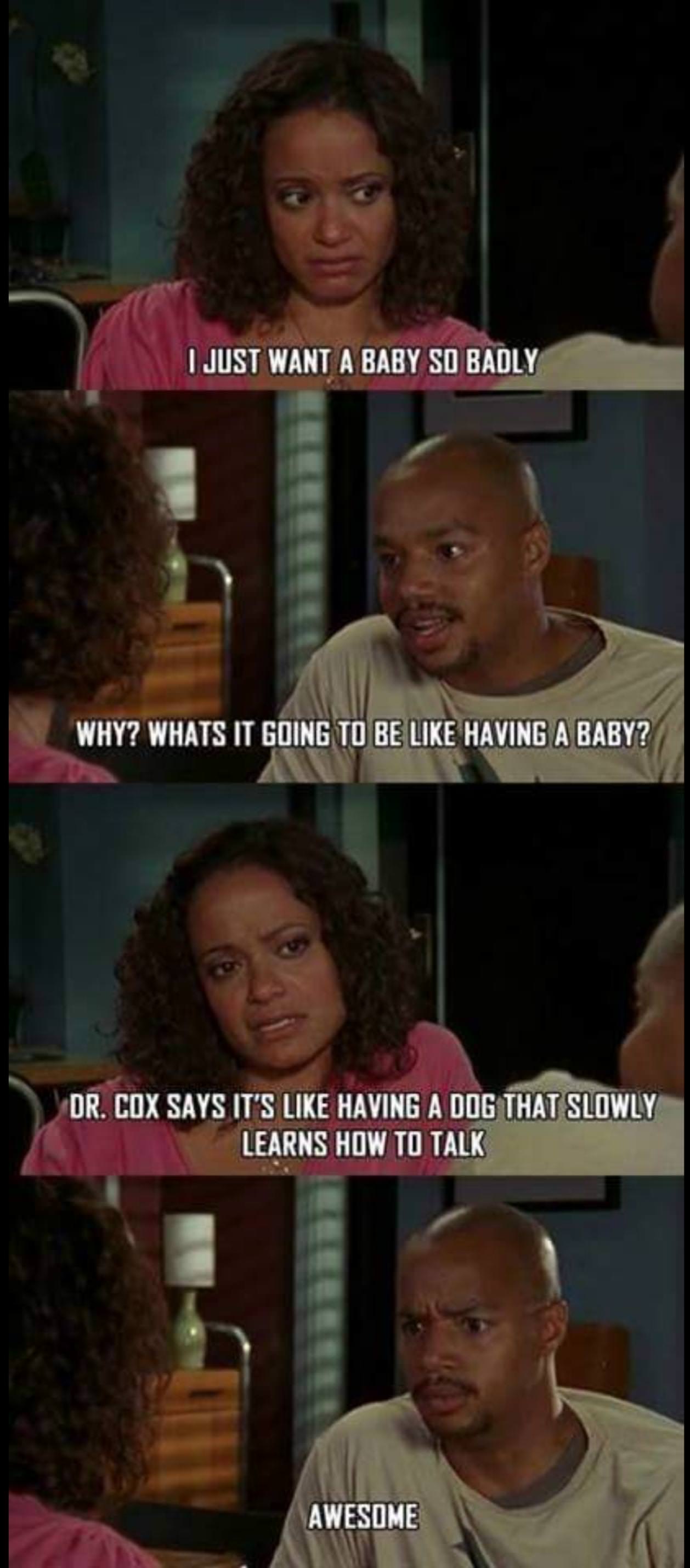 scrubs memes - I Just Want A Baby So Badly Why? Whats It Going To Be Having A Baby? Ut Dr. Cox Says It'S Having A Dog That Slowly Learns How To Talk Awesome