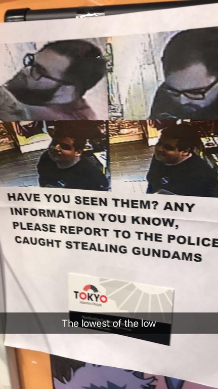 material - Have You Seen Them? Any Information You Know, Please Report To The Police Caught Stealing Gundams Tokyo The lowest of the low