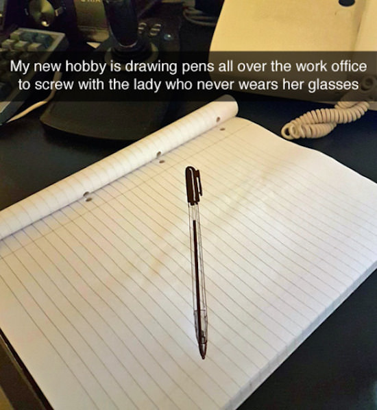 funniest office snapchats - My new hobby is drawing pens all over the work office to screw with the lady who never wears her glasses