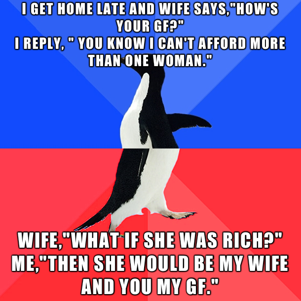 butterflies in my stomach meme - I Get Home Late And Wife Says, "How'S Your Gf?" I ," You Know I Can'T Afford More Than One Woman." Wife,"What If She Was Rich?" Me,"Then She Would Be My Wife And You My Gf."