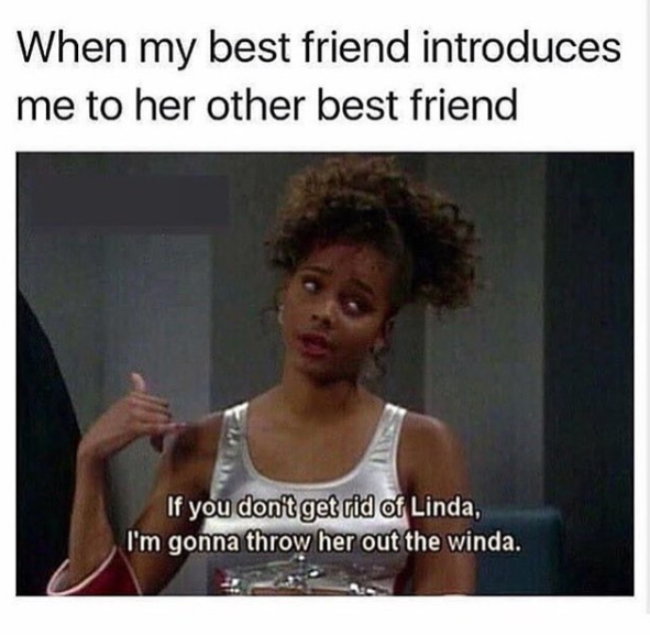 jealous best friend meme - When my best friend introduces me to her other best friend If you don't get rid of Linda, I'm gonna throw her out the winda.