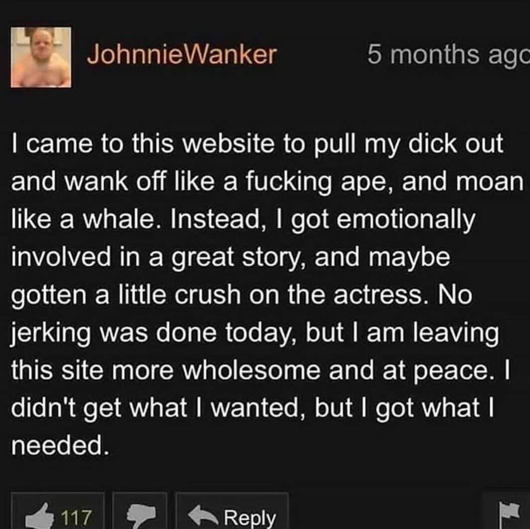 pornhub wholesome comment - Johnnie Wanker 5 months aga I came to this website to pull my dick out and wank off a fucking ape, and moan a whale. Instead, I got emotionally involved in a great story, and maybe gotten a little crush on the actress. No jerki