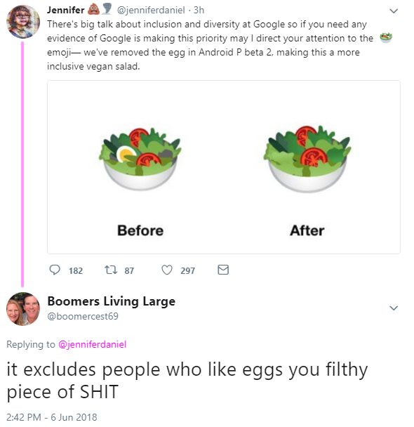 Google removed eggs out of salad emoji and someone got upset that it offends egg eaters