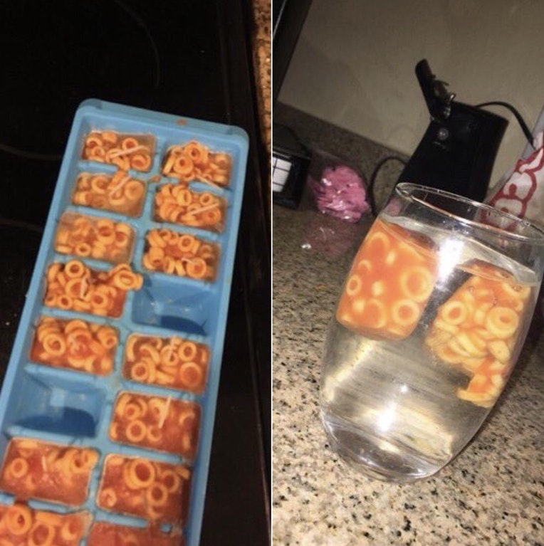 life hack gone wrong of putting soup into ice cubes but then using it to cool water