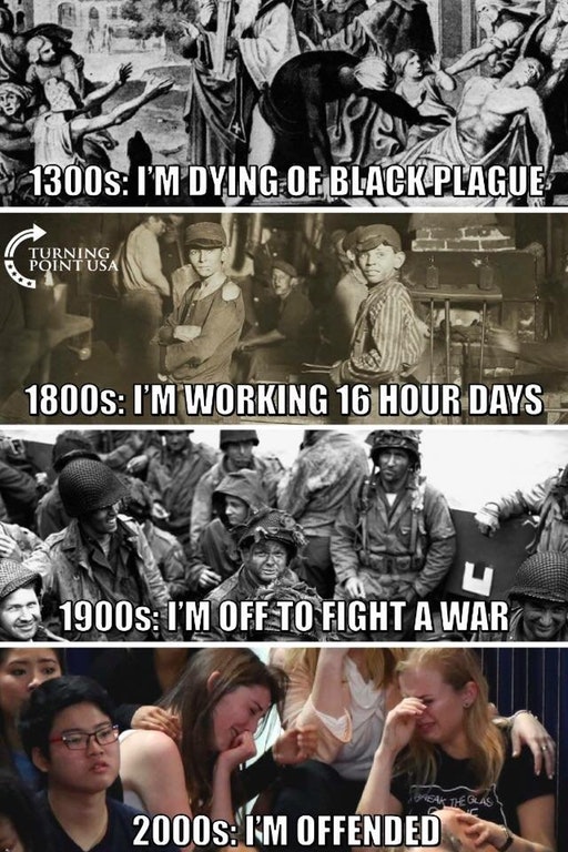 cringe meme about how people used to die for a cause and now they are offended for a cause