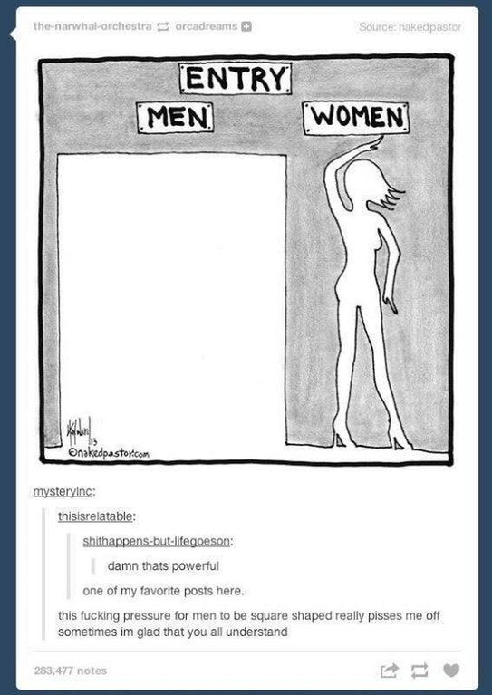 cartoon about how men can be any size or shape but women have to fit some kind of mold and comment turns it on its head