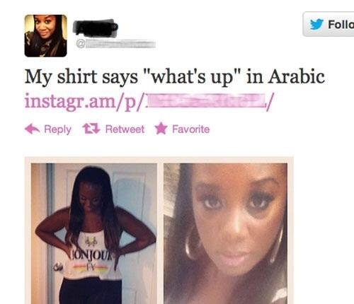 girl with shirt that says Bonjour claims it says whats up in arabic