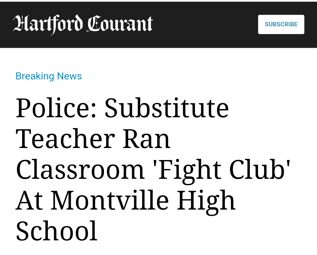 headline about substitute teacher that ran a Fight Club at high school