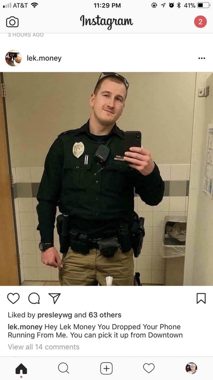 cop posting selfie to Instagram on perps phone and telling him that in the post