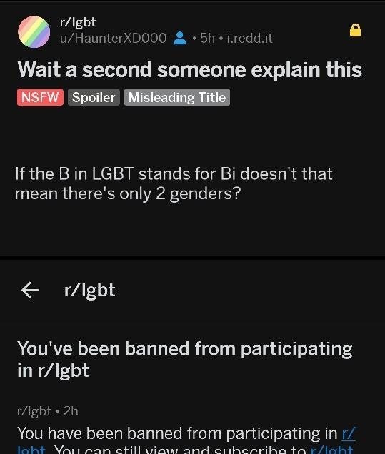 someone points out that the B in lgbt stands for bi-sexual implying there are only 2 genders and he got banned from the group