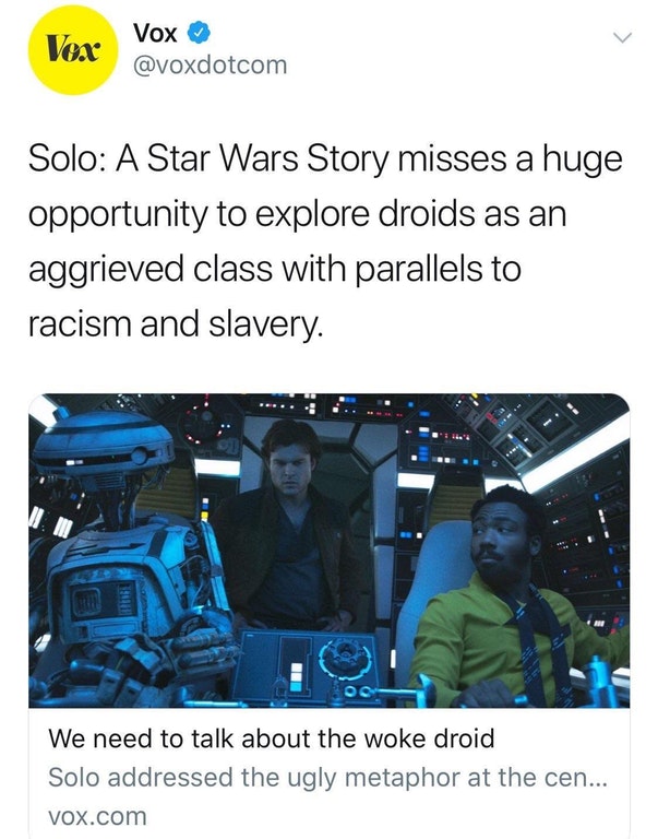 Cringe caption of how Solo Star Wars Story was missed opportunity to show the robots as lower class