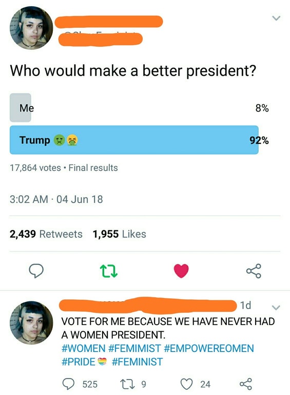cringe pole asking who is a better president and she loses the vote and concludes that she should be president because she is a woman and we never had a woman presiden