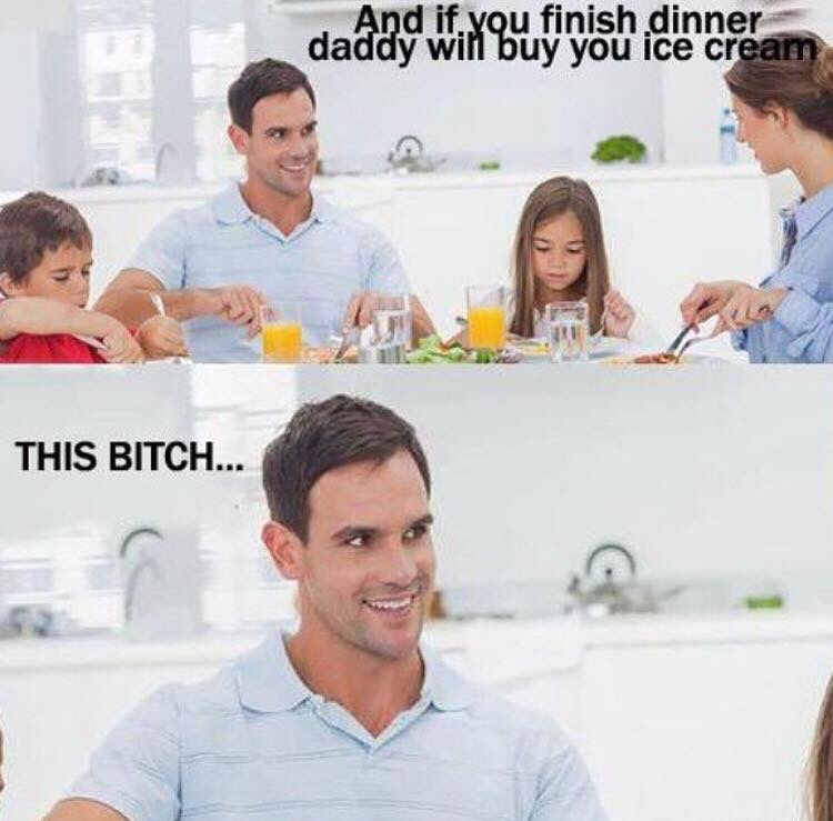 funny meme of mom promising dad will buy ice cream if they finish their dinner