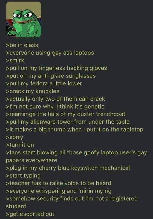 Funny green text story about bringing big powerful computer to class