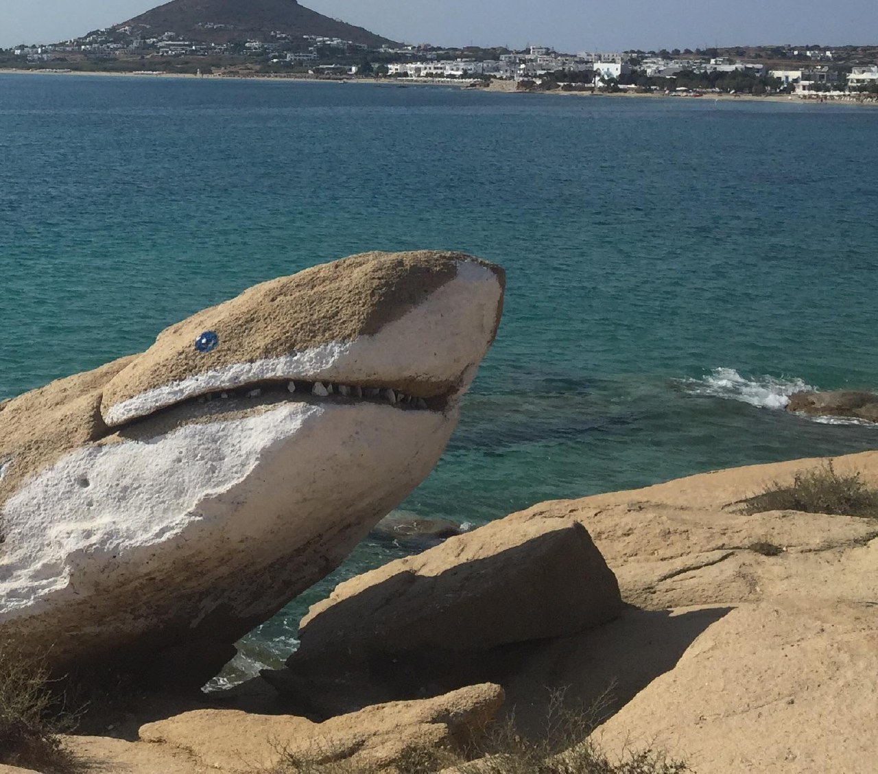 funny drawing on some rocks to make it look like a goofy looking shark coming out of the sea