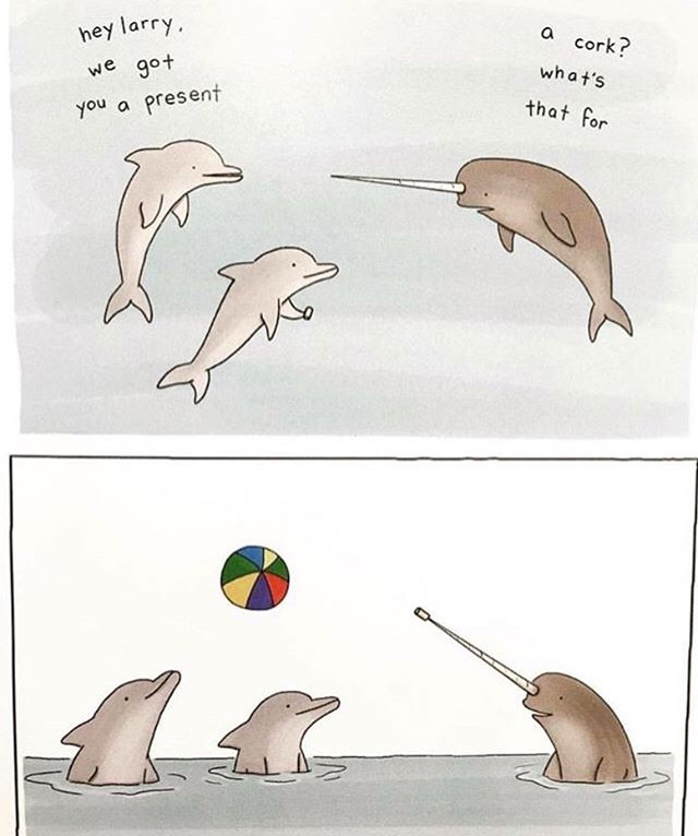 wholesome webcomic of dolphins that got a swordfish a cork so they can play ball with him without it popping