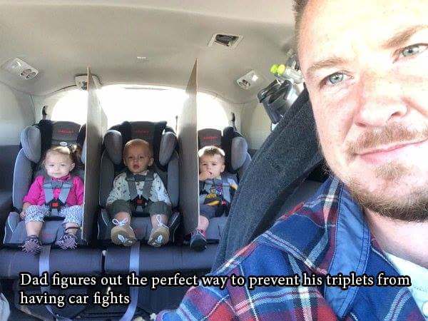 triplets in a car - Dad figures out the perfect way to prevent his triplets from having car fights