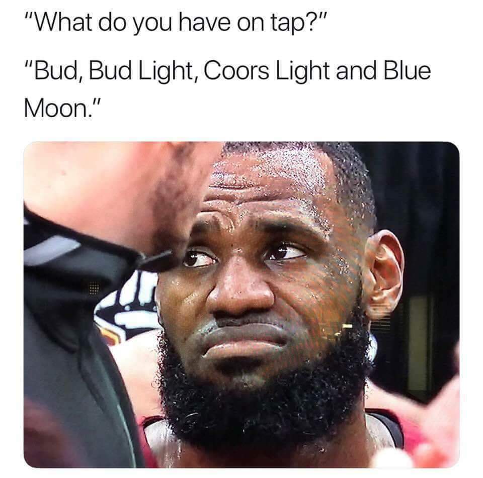 bud light meme - "What do you have on tap?" "Bud, Bud Light, Coors Light and Blue Moon."
