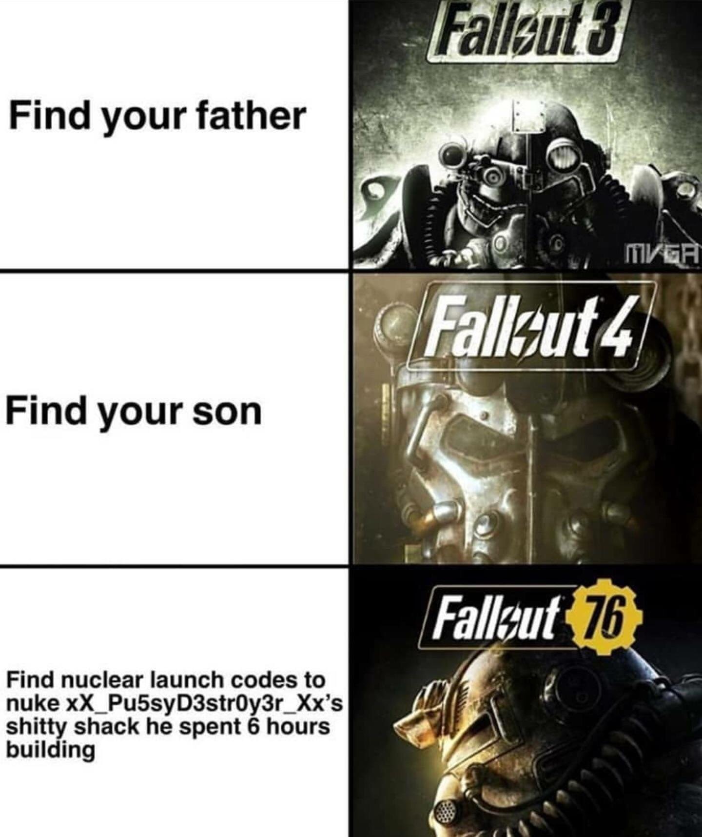 fallout 76 meme - Fallout3 Find your father Mvga Fallout 4 Find your son Fallout 76 Find nuclear launch codes to nuke xX_Pu5syD3stroy3r_Xx's shitty shack he spent 6 hours building
