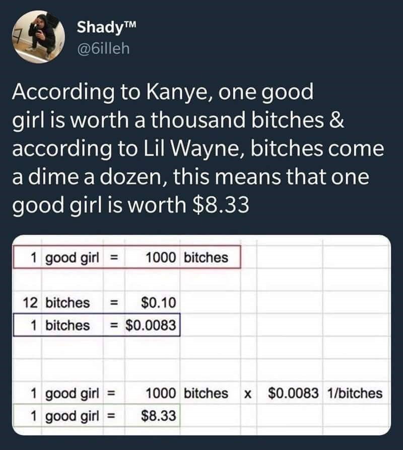 1 good girl is worth - ShadyTM According to Kanye, one good girl is worth a thousand bitches & according to Lil Wayne, bitches come a dime a dozen, this means that one good girl is worth $8.33 1 good girl 1000 bitches 12 bitches 1 bitches $0.10 $0.0083 x 