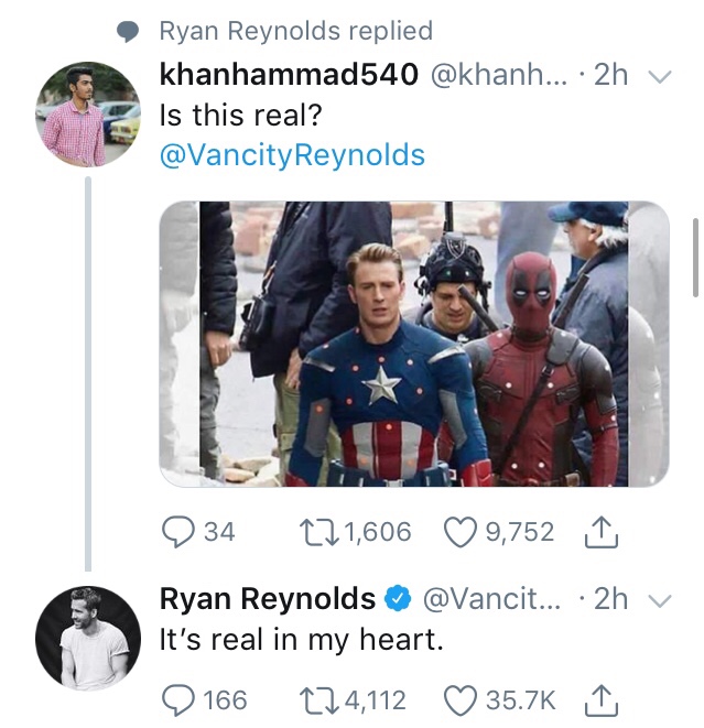 ryan reynolds memes - Ryan Reynolds replied khanhammad540 ... 2h Is this real? Reynolds 34 221,606 9,752 Ryan Reynolds ... 2h v It's real in my heart. 9 166 224,112 I