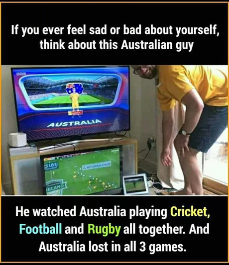 Austrlian man with multiple screens to watch all the games and Australia lost all 3 games