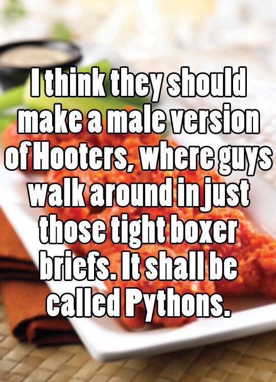 dish - I think they should make a male version of Hooters, where guys walk around in just those tight boxer briefs. It shall be called Pythons.