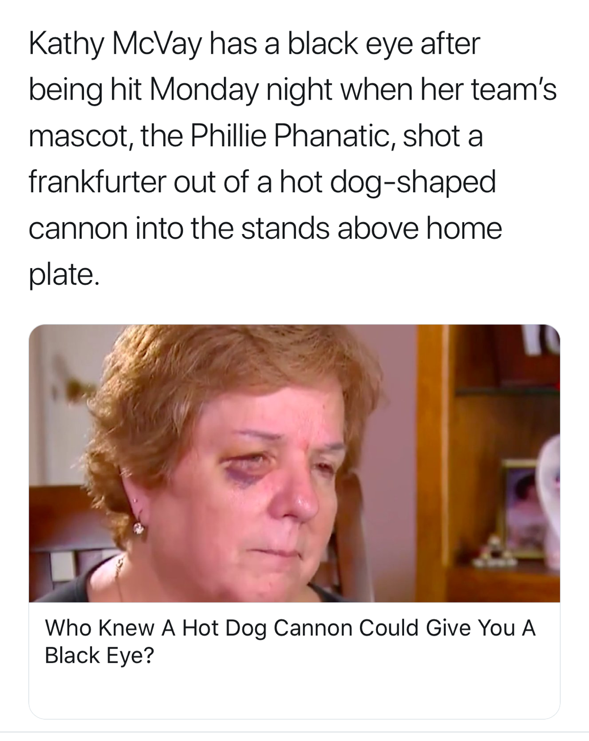 woman gets bruised eye from hot dog canon