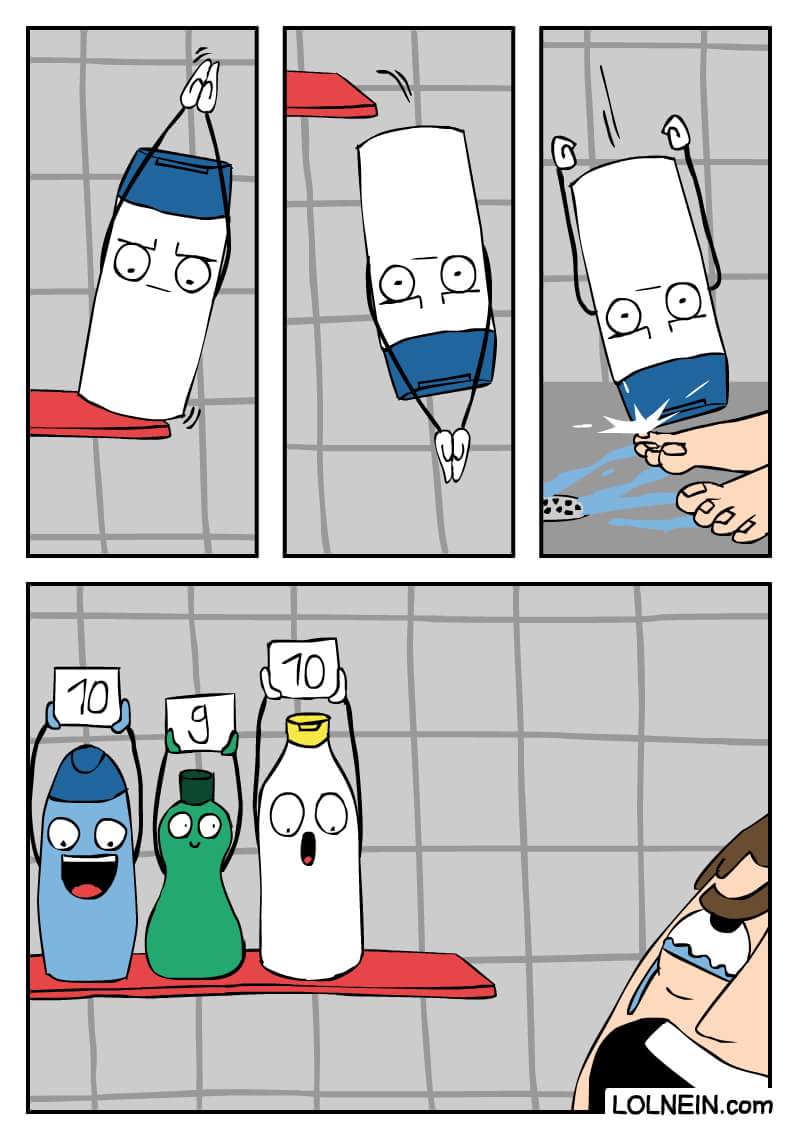 Funny webcomic about shampoo bottles diving onto your foot