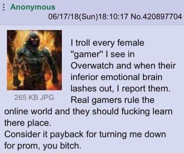 media - Anonymous 061718Sun17 No.420897704 I troll every female "gamer" I see in Overwatch and when their inferior emotional brain lashes out, I report them. 265 Kb Jpg Real gamers rule the online world and they should fucking learn there place. Consider 