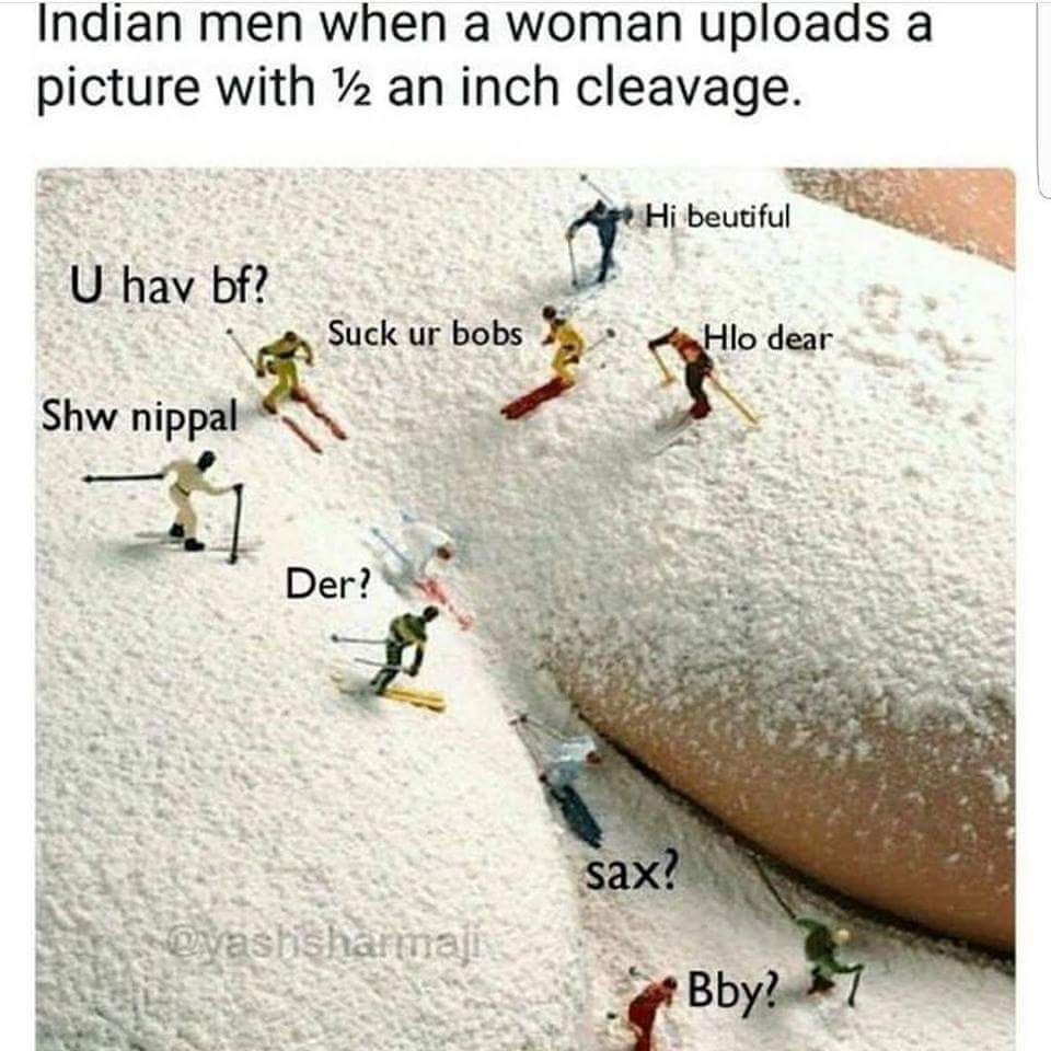 men skiing on a woman's boobs in meme about how Indian men react to a tiny bit of cleavage on a woman's picture