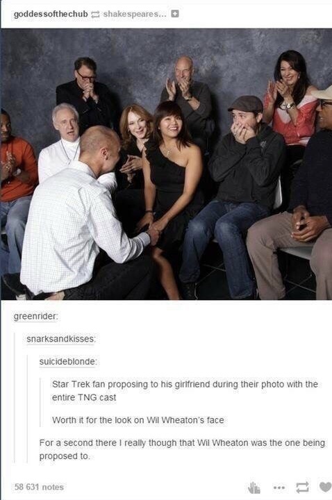 star trek tng proposal - goddessofthe chub shakespeares... greenrider snarksandkisses suicideblonde Star Trek fan proposing to his girlfriend during their photo with the entire Tng cast Worth it for the look on Wil Wheaton's face For a second there I real