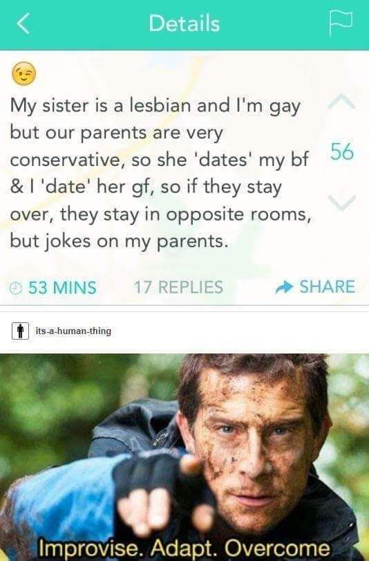 improvise adapt overcome meme - Details My sister is a lesbian and I'm gay but our parents are very conservative, so she 'dates' my bf 56 & I 'date' her gf, so if they stay over, they stay in opposite rooms, but jokes on my parents. 53 Mins 17 Replies its