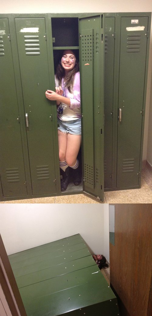 girl sits inside a locker and then it falls on her
