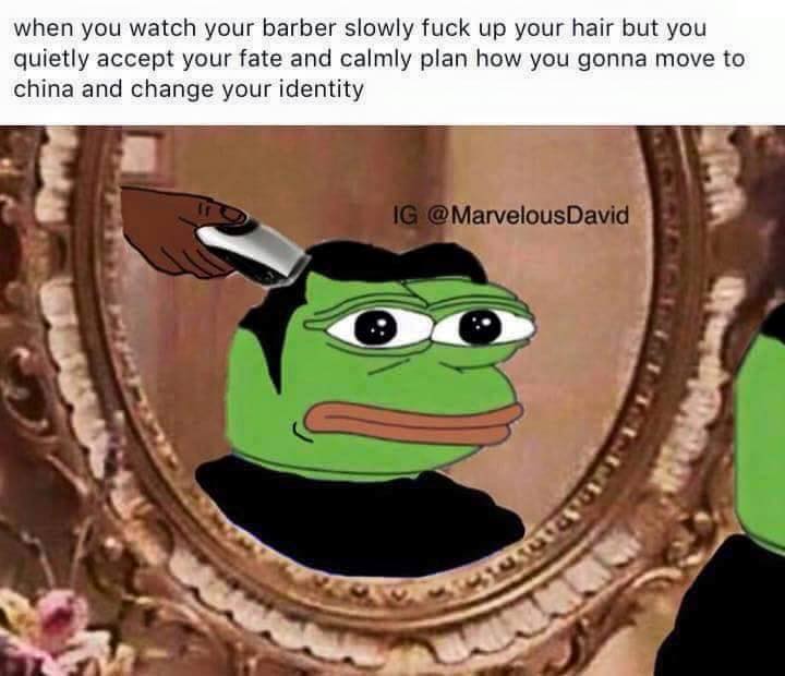 barber ruined your hair meme - when you watch your barber slowly fuck up your hair but you quietly accept your fate and calmly plan how you gonna move to china and change your identity Ig David