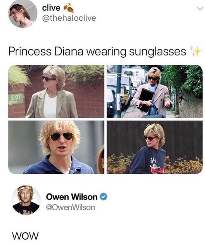 owen wilson meme - clive Princess Diana wearing sunglasses Exit Owen Wilson Wilson Wow