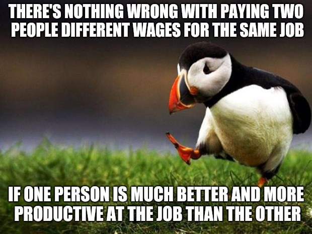 unpopular opinion puffin meme - There'S Nothing Wrong With Paying Two People Different Wages For The Same Job If One Person Is Much Better And More Productive At The Job Than The Other