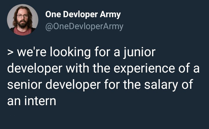 women don t care about the struggle - One Devloper Army > we're looking for a junior developer with the experience of a senior developer for the salary of an intern