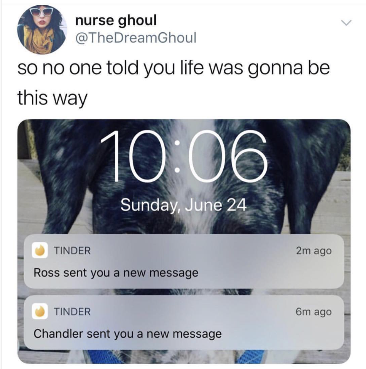 tinder no one told you life was gonna be this way - nurse ghoul so no one told you life was gonna be this way Sunday, June 24 Tinder 2m ago Ross sent you a new message Tinder 6m ago Chandler sent you a new message