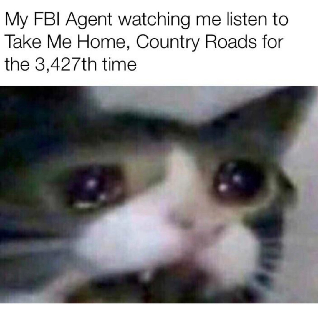 fbi agent meme - My Fbi Agent watching me listen to Take Me Home, Country Roads for the 3,427th time