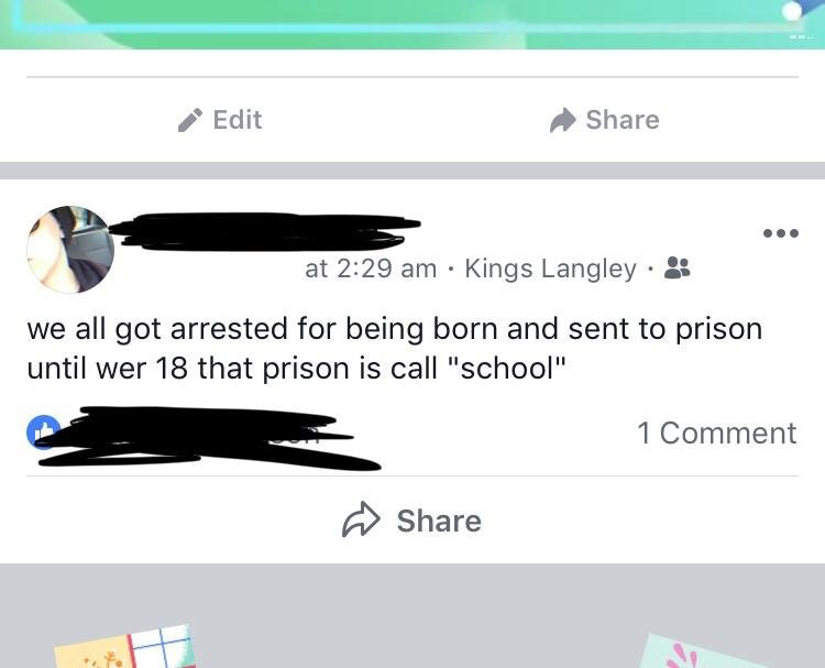 im14andthisisdeep im 14 and this is deep - Edit at Kings Langley we all got arrested for being born and sent to prison until wer 18 that prison is call "school" 1 Comment