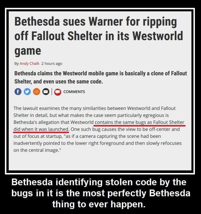 screenshot - Bethesda sues Warner for ripping off Fallout Shelter in its Westworld game By Andy Chalk 2 hours ago Bethesda claims the Westworld mobile game is basically a clone of Fallout Shelter, and even uses the same code. Oooo The lawsuit examines the