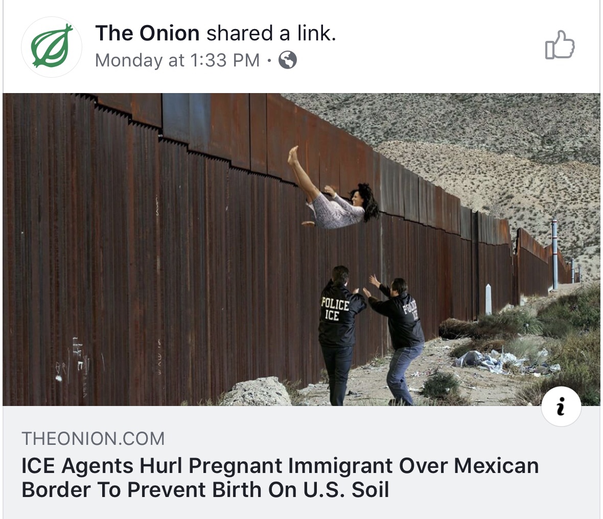 onion - The Onion d a link. Monday at Police Ice Theonion.Com Ice Agents Hurl Pregnant Immigrant Over Mexican Border To Prevent Birth On U.S. Soil