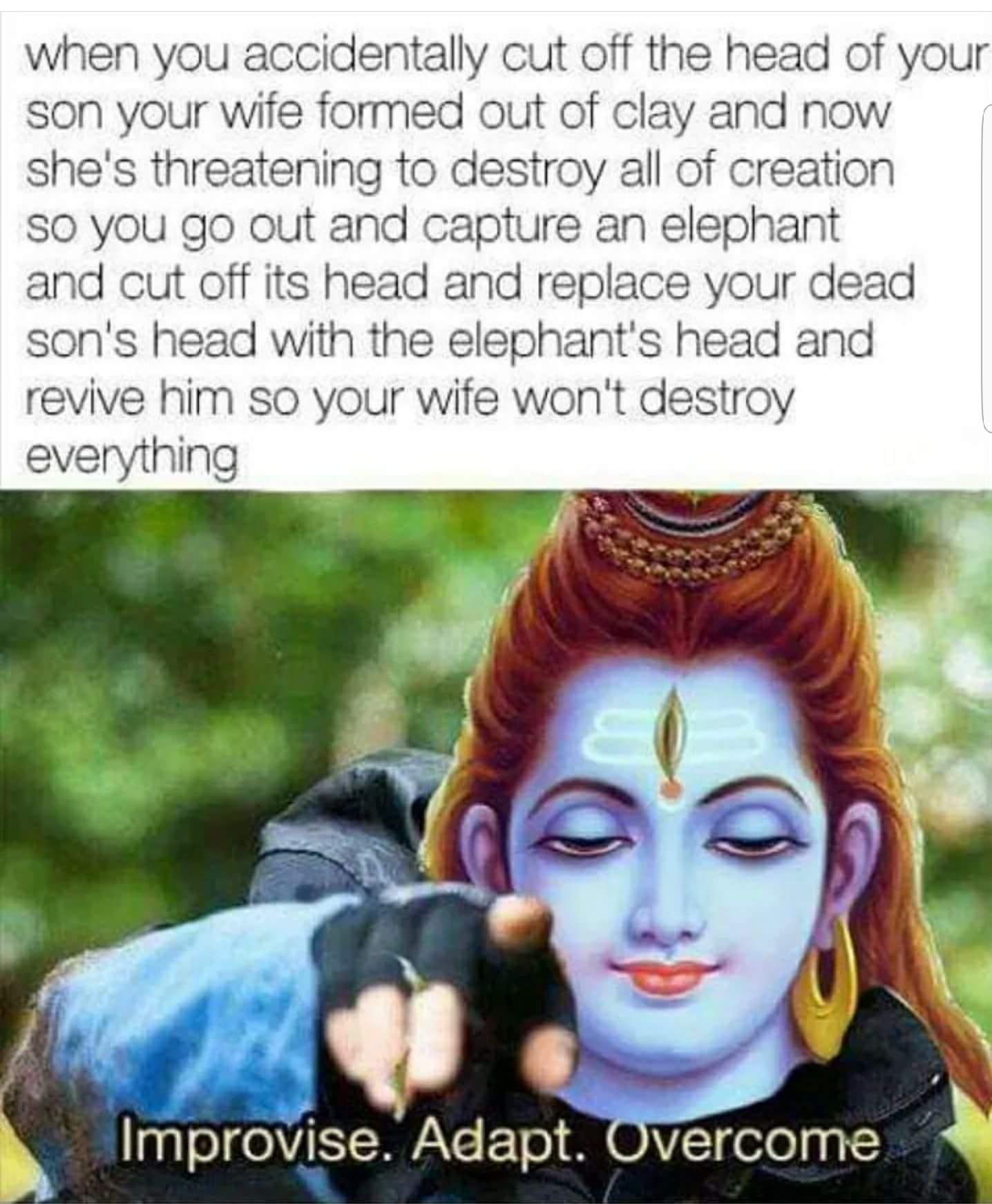 adapt improvise and overcome meme - when you accidentally cut off the head of your son your wife formed out of clay and now she's threatening to destroy all of creation so you go out and capture an elephant and cut off its head and replace your dead son's