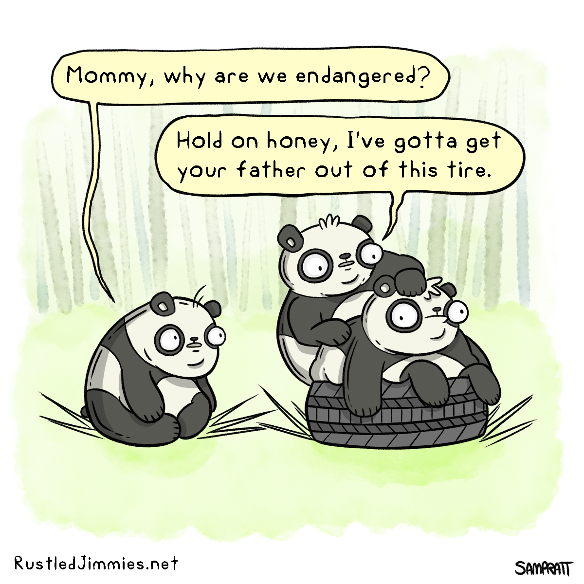 Comics - Mommy, why are we endangered? Hold on honey, I've gotta get your father out of this tire. Rustled Jimmies.net Sampratt