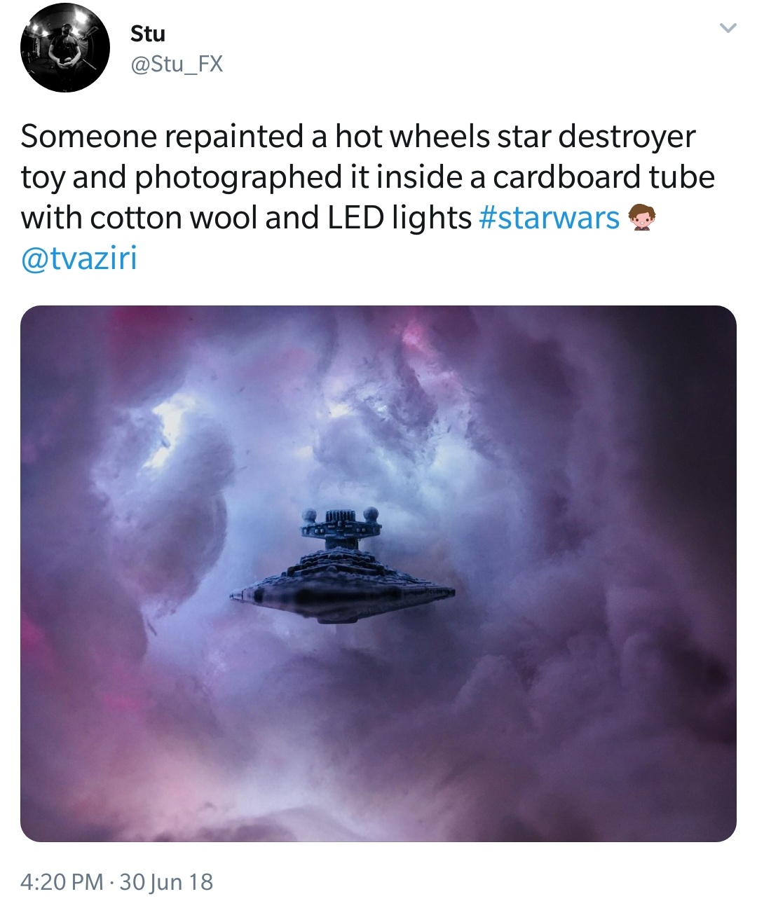 hotwheels star wars led - Stu Someone repainted a hot wheels star destroyer toy and photographed it inside a cardboard tube with cotton wool and Led lights 30 Jun 18