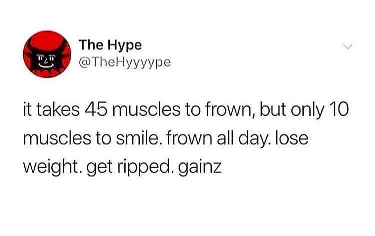 Humour - The Hype it takes 45 muscles to frown, but only 10 muscles to smile. frown all day. Iose weight. get ripped. gainz
